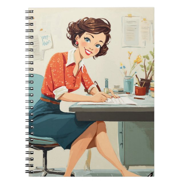 Retro Woman på Desk Anteckningsbok (Framsidan)