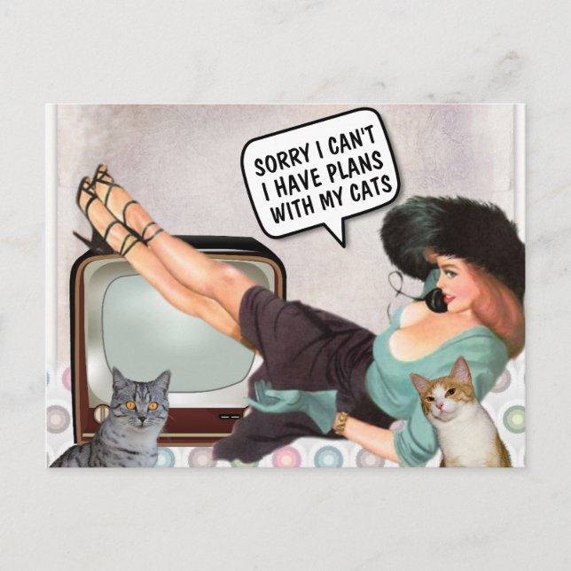 RETRO WOMAN SORRY CAN'T PLANS WITH CATS POSTCARDS VYKORT (Framsida)