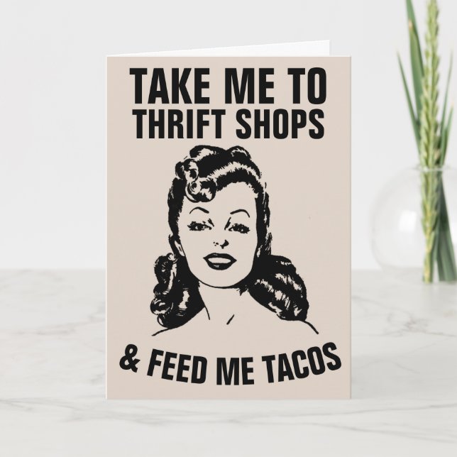 RETRO WOMAN THRIFT SHOPS & TACOS FUNNY Cards Kort (Framsida)