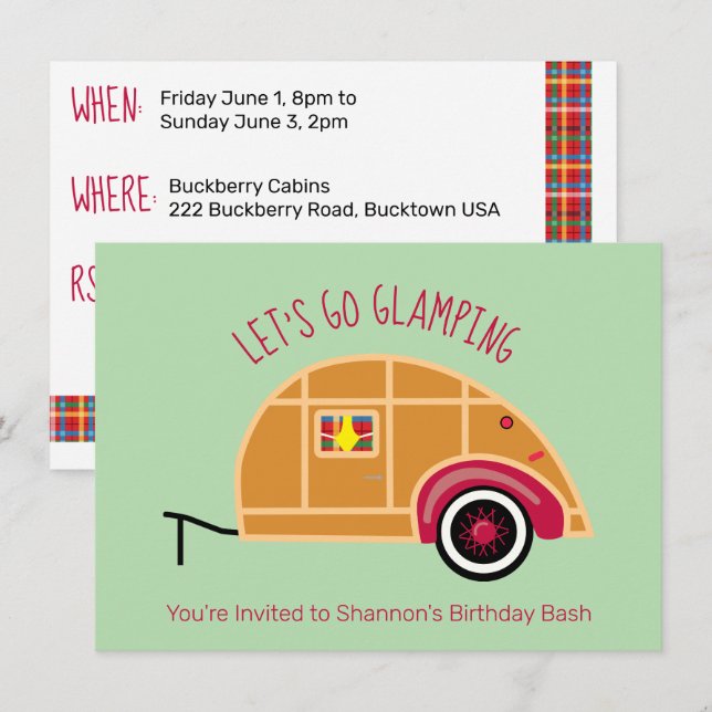 Retro Woodie Tåreformad Campingturtjej Glamping Inbjudningar (Fram/baksida)