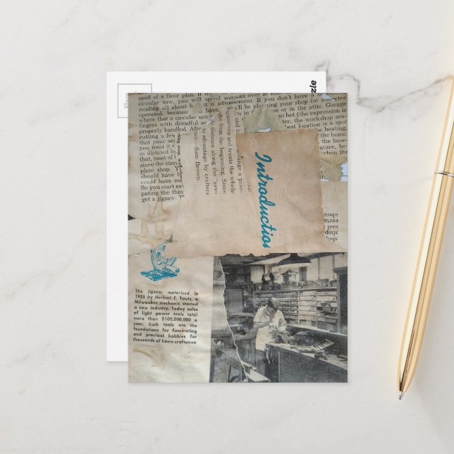 Retro Woodworking Intro Mixed Media Collage  Vykort (Fram/Back In Situ)