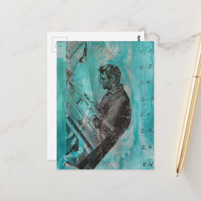 Retro Woodworking Man on a Blue Background Vykort (Fram/Back In Situ)