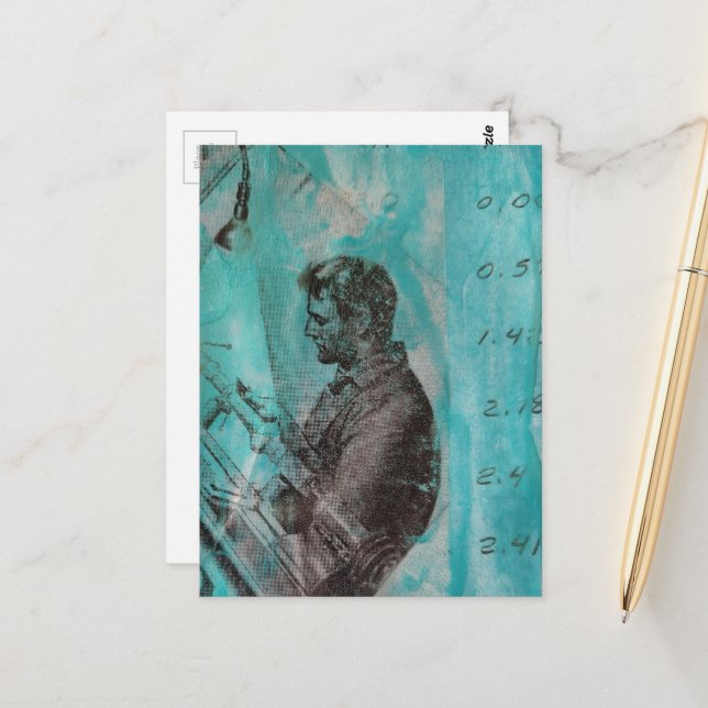 Retro Woodworking Man on a Blue Background Vykort (Fram/Back In Situ)