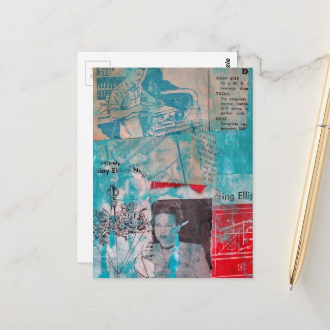 Retro Woodworking Man Woman Flowers Collage  Vykort (Fram/Back In Situ)