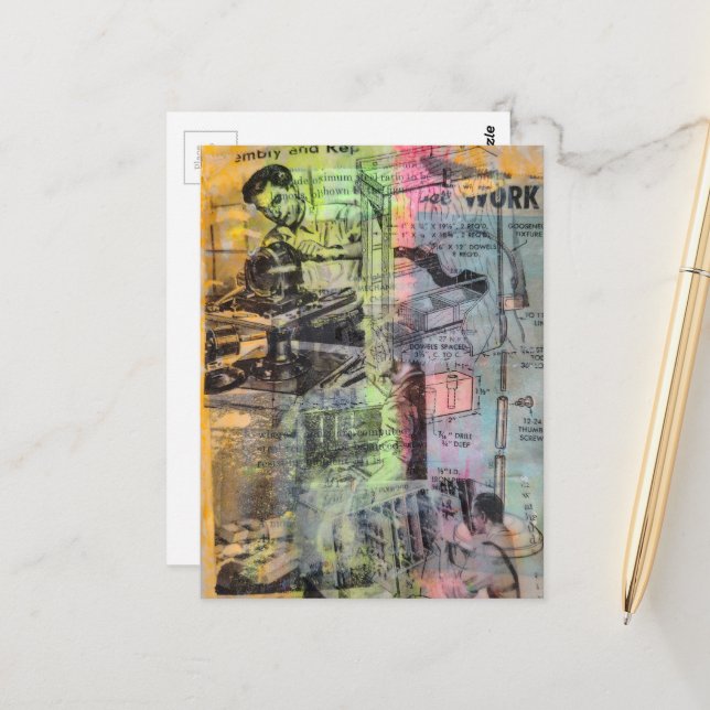 Retro Woodworking Men Mixed Media Collage  Vykort (Fram/Back In Situ)