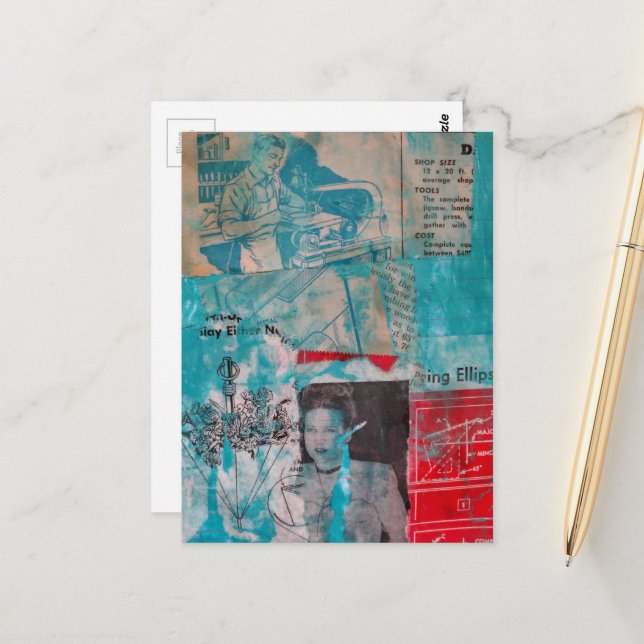 Retro Woodworking Woman and Man Collage  Vykort (Fram/Back In Situ)