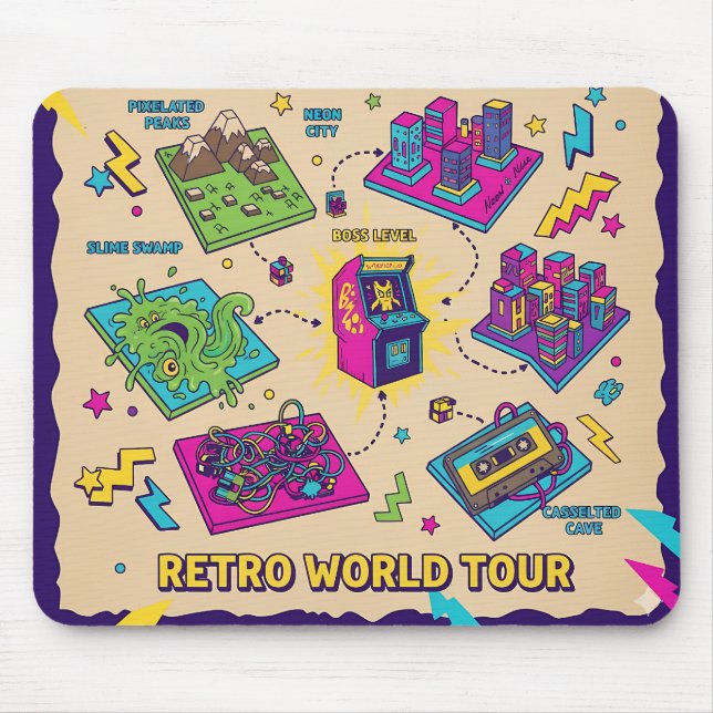 Retro World Tour Arcade Karta - Pixel Gaming Art Musmatta (Framsidan)