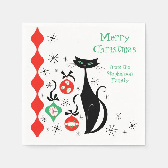 Retro Xmas Katt Sidostreck Merry Christmas Text Pappersservett (Framsidan)