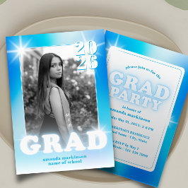 Retro Y2K Cyber Blue Neon Graduation Photo Party Inbjudningar