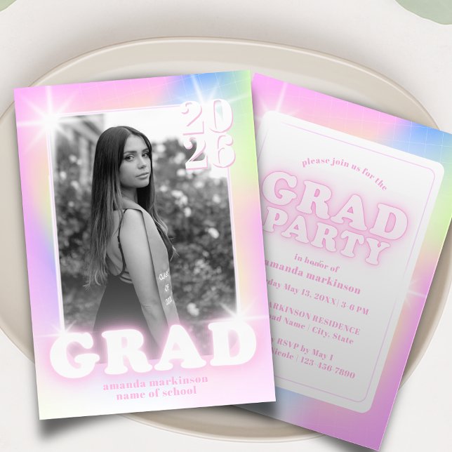 Retro Y2K Cyber Pink Neon Graduation Photo Party Inbjudningar (Skapare uppladdad)