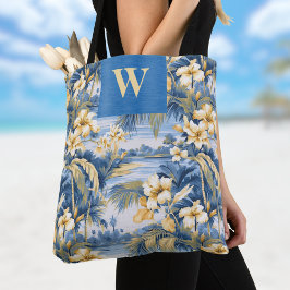 Retro Yellow Blue Floral n Tropical Palms Initial  Tygkasse