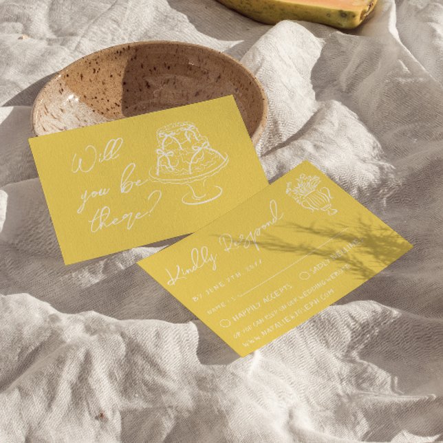 Retro Yellow  Hand Drawn Cake Floral Wedding OSA Kort (Skapare uppladdad)