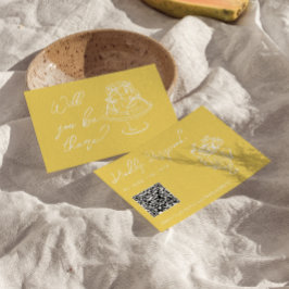 Retro Yellow Hand Drawn Floral QR Code Wedding  OSA Kort