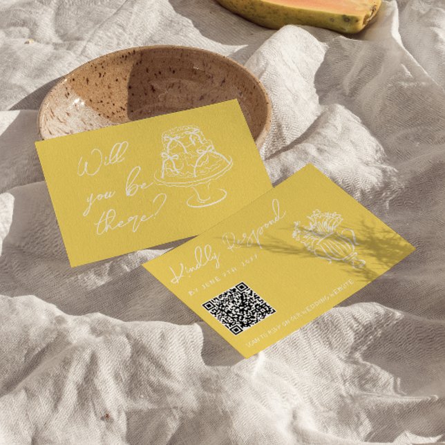 Retro Yellow Hand Drawn Floral QR Code Wedding  OSA Kort (Skapare uppladdad)
