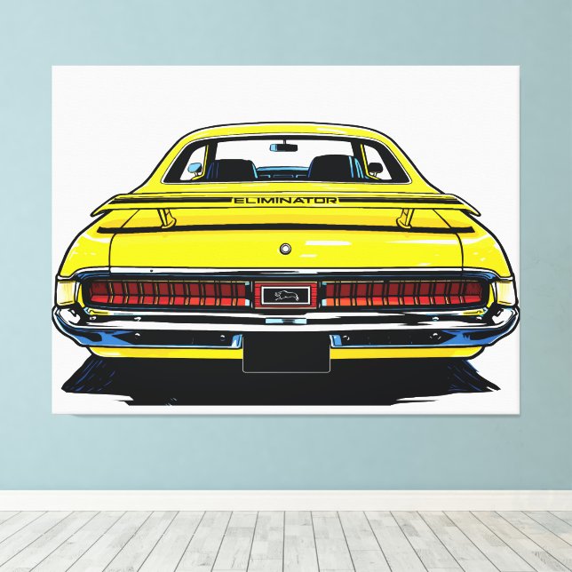 Retro Yellow Muscle Car Rear Pop Art Illustration Canvastryck (Insitu (trägolv))