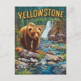 Retro Yellowstone - Grizzly Bear & Waterf Vykort