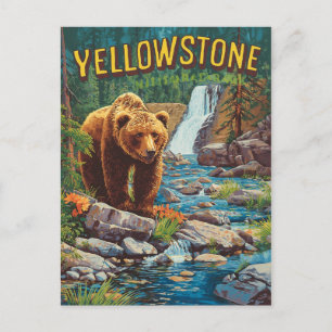Retro Yellowstone - Grizzly Bear & Waterf Vykort