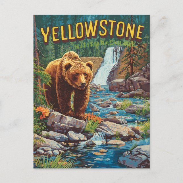 Retro Yellowstone - Grizzly Bear & Waterf Vykort (Framsida)
