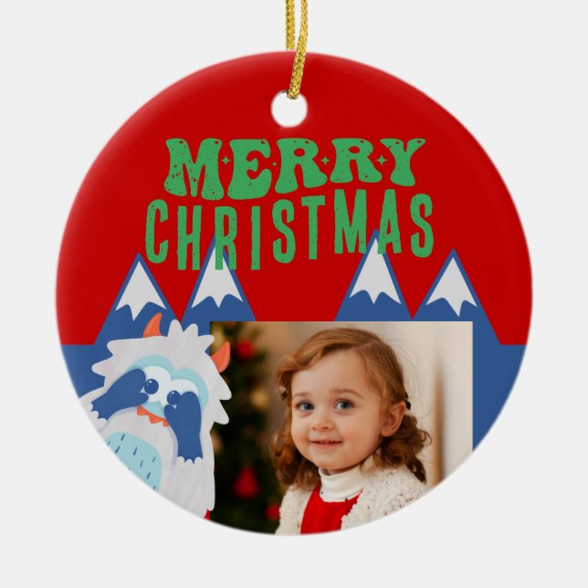 Retro Yeti Whimsical Kids julfoto Julgransprydnad Keramik (Framsidan)