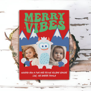 Retro Yeti Whimsical Two Kids Photo jul Julkort