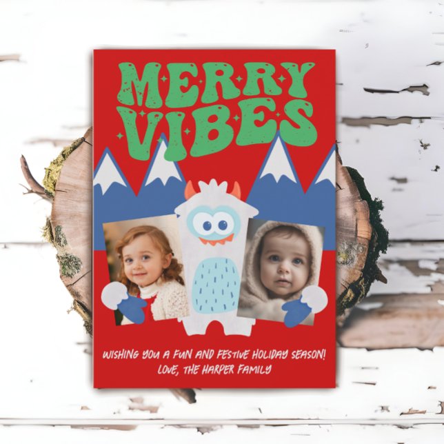 Retro Yeti Whimsical Two Kids Photo jul Julkort (Skapare uppladdad)
