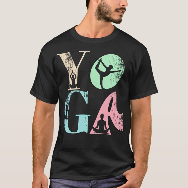Retro Yoga Typography with Silhouettes of Poses T Shirt (Framsida)