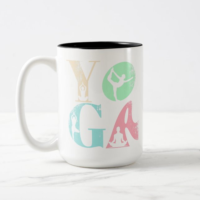 Retro Yoga Typography with Silhouettes of Poses Två-Tonad Mugg (Vänster)