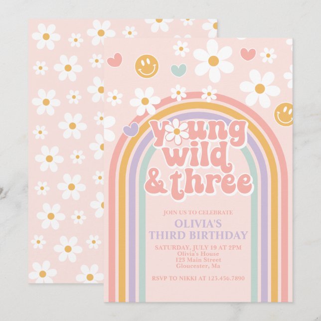 Retro Young Wild och Three Rainbow 3-års födelseda Inbjudningar (Fram/baksida)