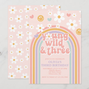 Retro Young Wild och Three Rainbow 3-års födelseda Inbjudningar
