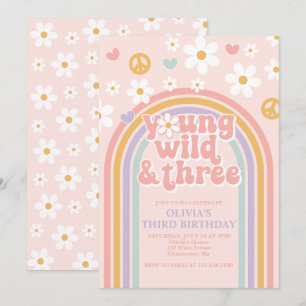 Retro Young Wild och Three Rainbow 3-års födelseda Inbjudningar