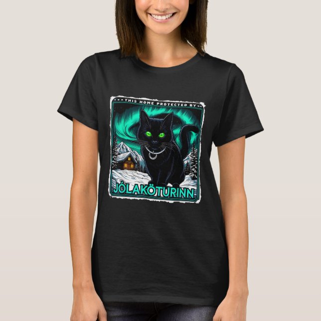 Retro Yule Cat Icelandic This Home Protected Jólak T Shirt (Framsida)