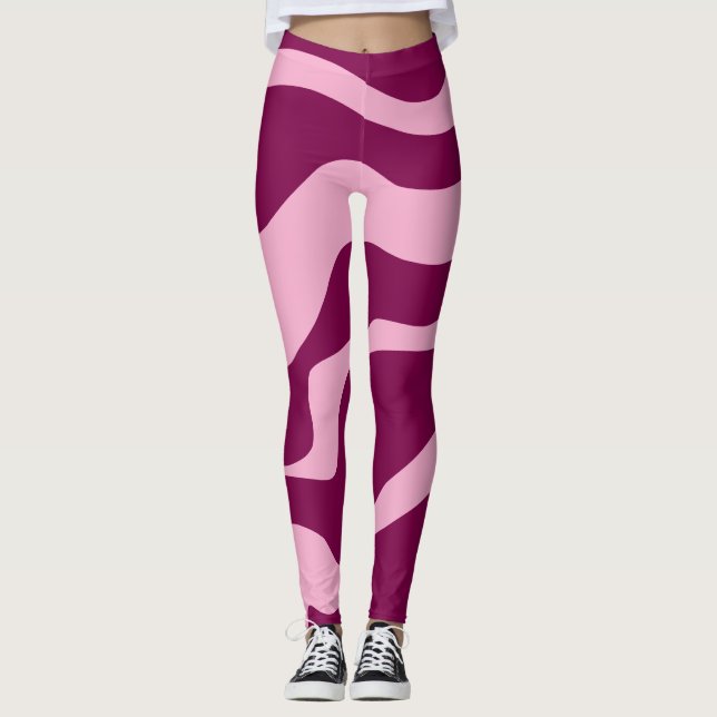 Retro Zebra ränder Vågigt Linjer Magenta Rosa Leggings (Framsida)