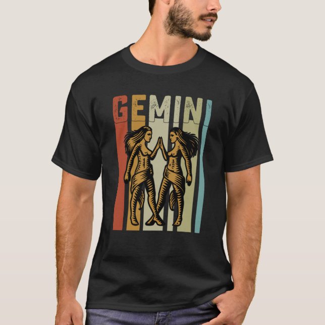 Retro Zodiac Gemini Vintage Style Astrology T Shirt (Framsida)