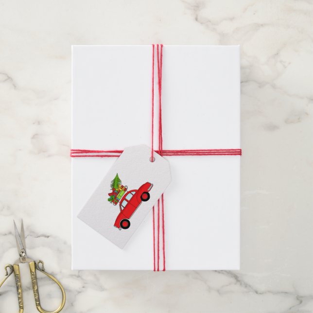 Retrobil med julklappar presentetikett (Med Snöre)