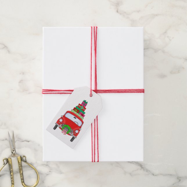 Retrobil med julklappar presentetikett (Med Snöre)