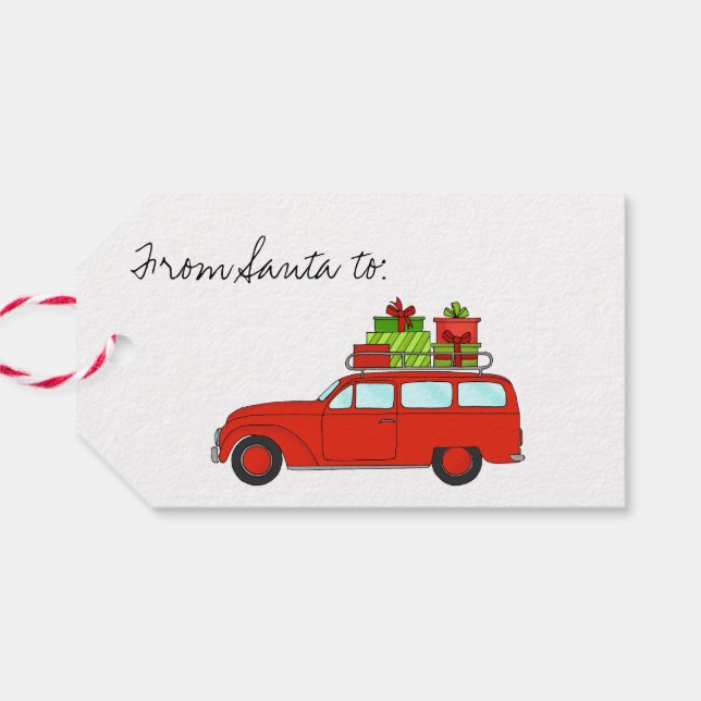 Retrobil med julklappar presentetikett (Baksidan Horisontell)