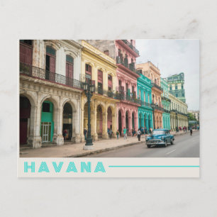 Retroblå bil i Havanna, Kuba Färgrik foto Vykort