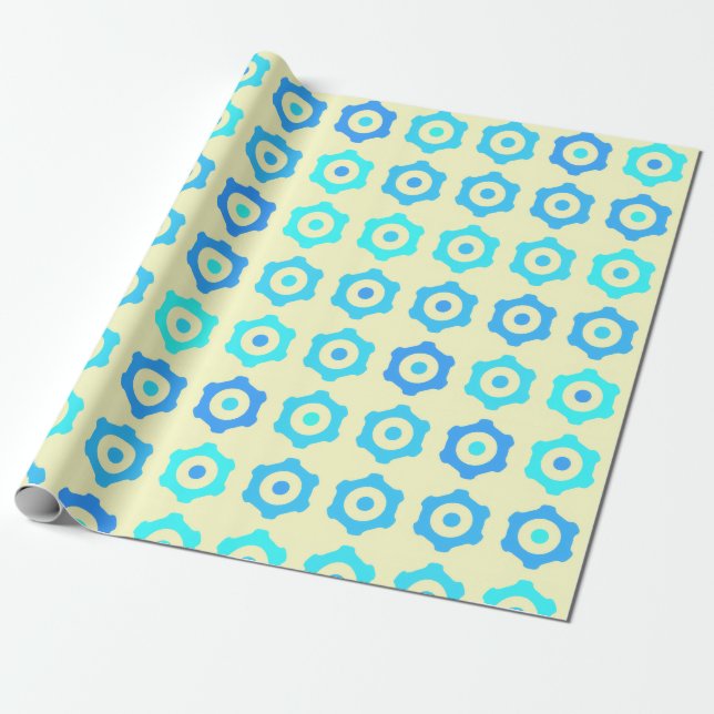 Retroblått kugghjulsmönster presentpapper (Utrullad)