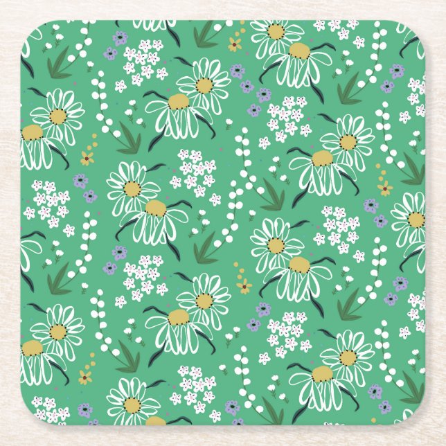 Retroblommor, Botaniskt sömlöst mönster. Underlägg Papper Kvadrat (Framsidan)