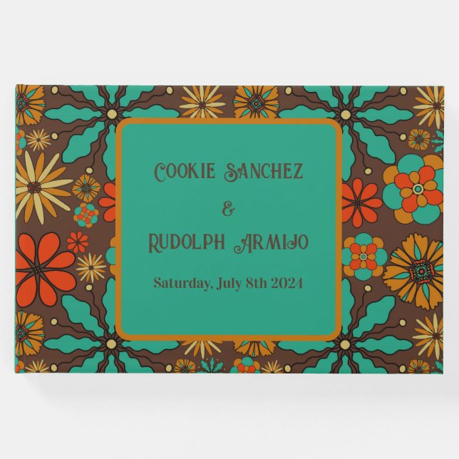 Retroblommor Brun Teal Röd blommig groovy 60-tal  Gästböcker (Framsida)