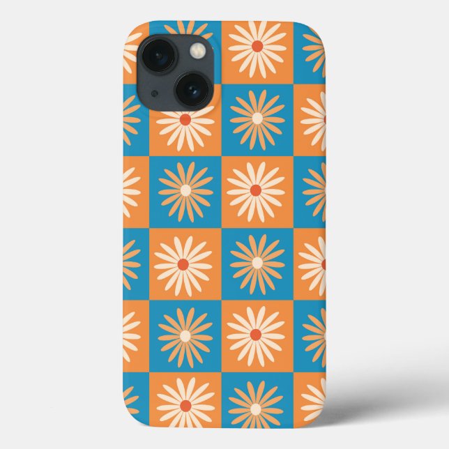 Retroblommor på blå och orangea rutiga mönster  (Baksida)