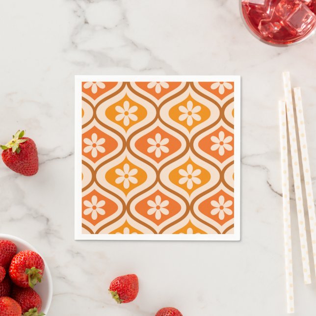 Retroblommor på orange och bärnstensfärgad ogee-mö pappersservett (Insitu)