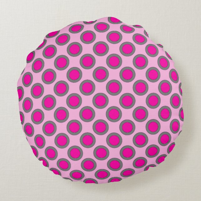 Retrocirklade punkter, fuchsia, grått och rosa rund kudde (Baksidan)