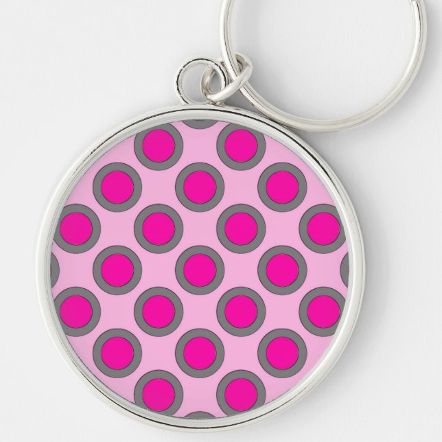Retrocirklade punkter, fuchsia, grått och rosa rund silverfärgad nyckelring (Framsidan)