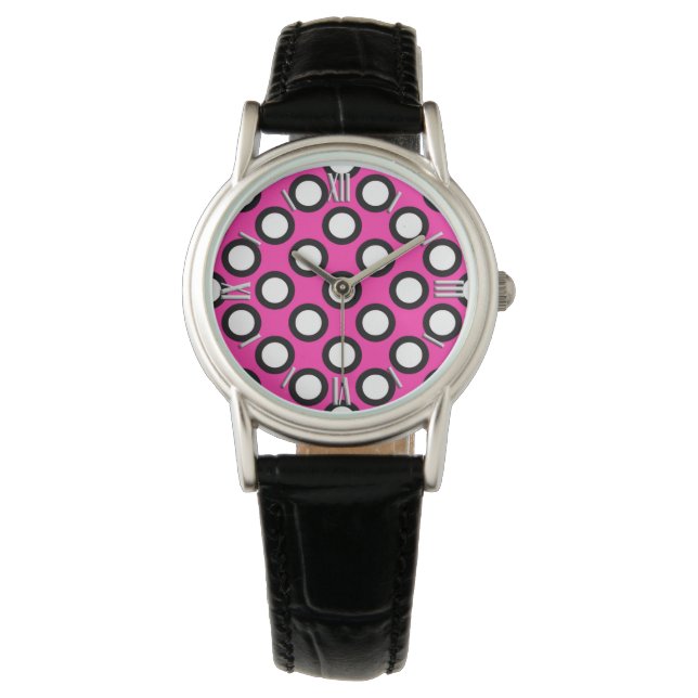 Retrocirklade punkter, fuchsia, svart och vitt armbandsur (Framsida)
