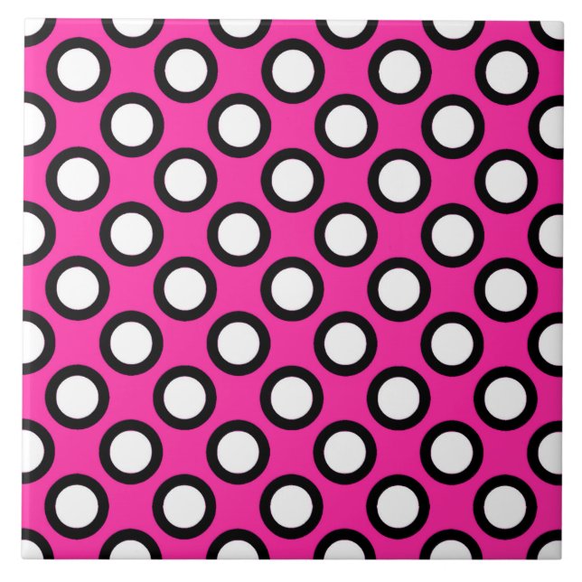 Retrocirklade punkter, fuchsia, svart och vitt kakelplatta (Framsidan)