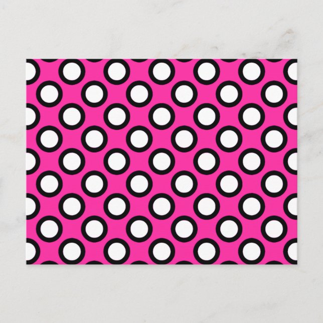 Retrocirklade punkter, fuchsia, svart och vitt vykort (Framsida)