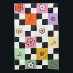 Retrofärgfulla Daisy med kontrollerad bläddring Kökshandduk<br><div class="desc">Kontrollerade Daisy - Retro Colorful Flower Check Mönster - Checkerboard.</div>