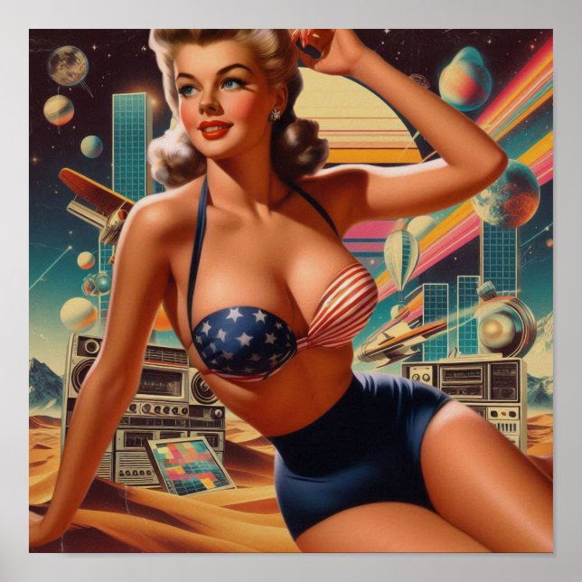 Retrofuturism Söt Pinuppa Poster (Framsidan)