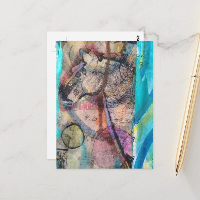 Retrohäst på blå bakgrund blandad media vykort (Fram/Back In Situ)